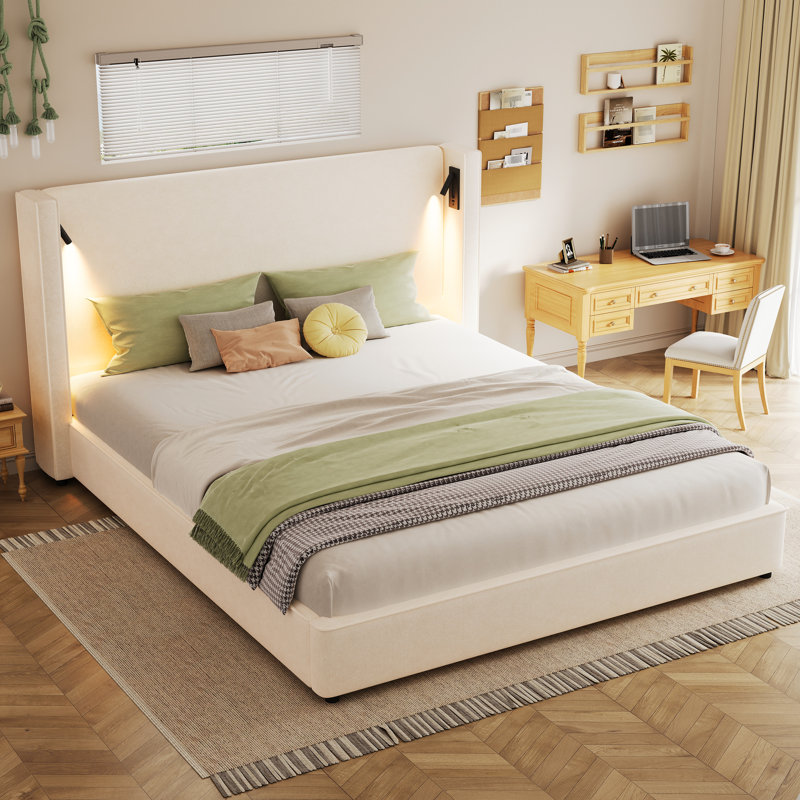 Beige King Size Upholstered Bed With High Wingback Headboard, Reading Lamp And , Comfort Foam, Wood Slats, Fast Setup For Bedroom - Sized, Beige, Frame, Wingback, Easy Assembly