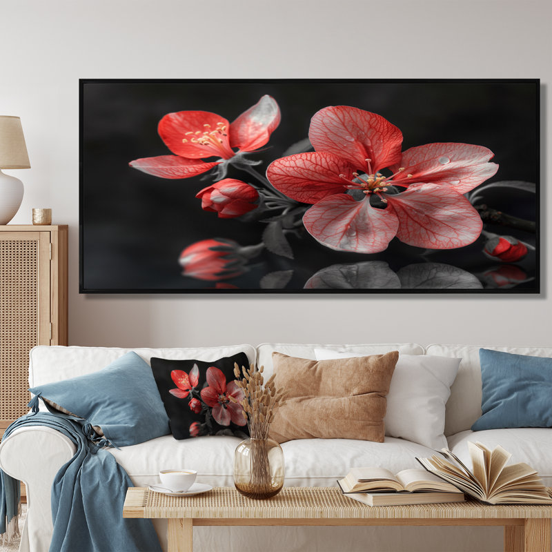 Geib - Fleur de pommier, art mural, salon, H 28 po x l 60 po x P 1,5 po, Cadre flottant noir