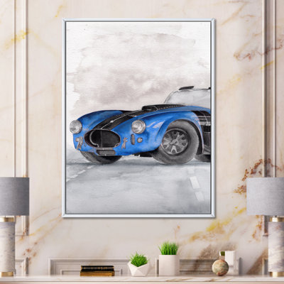 Belle vieille voiture de sport bleue sur fond gris - peinture sur toile