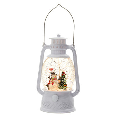 Christmas Plastic/Resin White Lantern With Snowman & Tree Led/Water Spinning/6 Hours Timer, 3*Aa Batteries Required