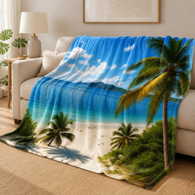 Cozy Flannel Fleece Throw Blanket - Tropical Beach Palm Tree Scenic Pattern, Ocean Sand Sky Theme, Bright Multi‑Colour, Soft, Breathable, All‑Season, Skin‑Friendly, Machine Washable, Decorative, for Sofa, Couch, Living Room and Bedroom