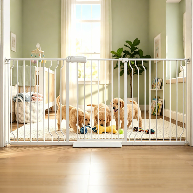 Barrière de sécurité extra large à fermeture automatique pour animaux de compagnie - fixée à la pression, réglable de 62,2 po à 71,7 po - blanc pour portes / escaliers, à l'épreuve des animaux de compagnie
