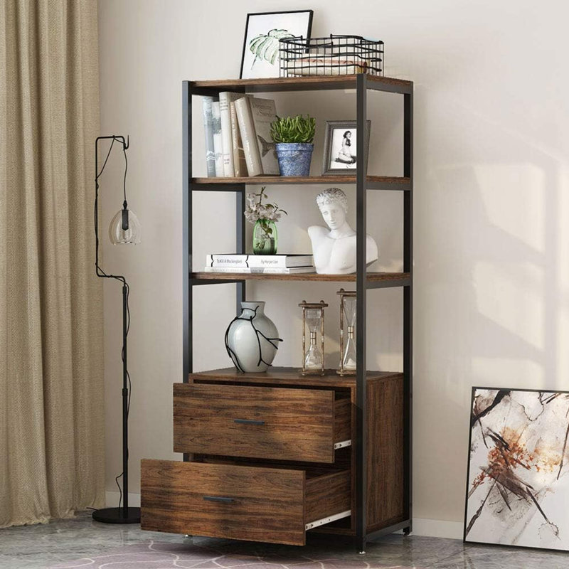 Bookcase, 4-Tier Bookshelf With 2 Drawers, Etagere Standard Book Shelves Display Shelf For Home Office, Brun rustique