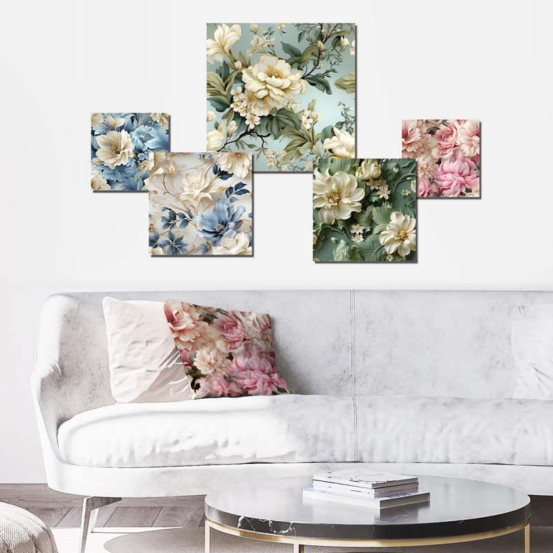 Ethereal Rococo Flourish Victorian Pattern XV - Floral Wall Decor Set Of 5