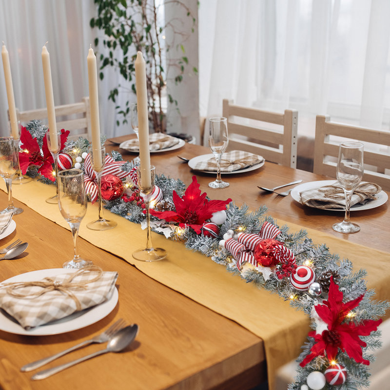 Guirlande de Noël illuminée de 1,80 m avec des nœuds rouges et des poinsettias