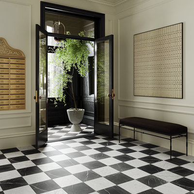 Ornate Checkerboard 12 In. X 12 In. Tumbled Marble Checkerboard Floor And Wall Tile (20 Sq. Ft. / Case)