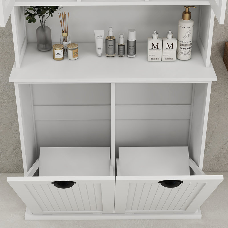 Armoire de salle de bain haute à deux compartiments avec panier à linge inclinable, solution de rangement compacte et élégante pour les maisons modernes