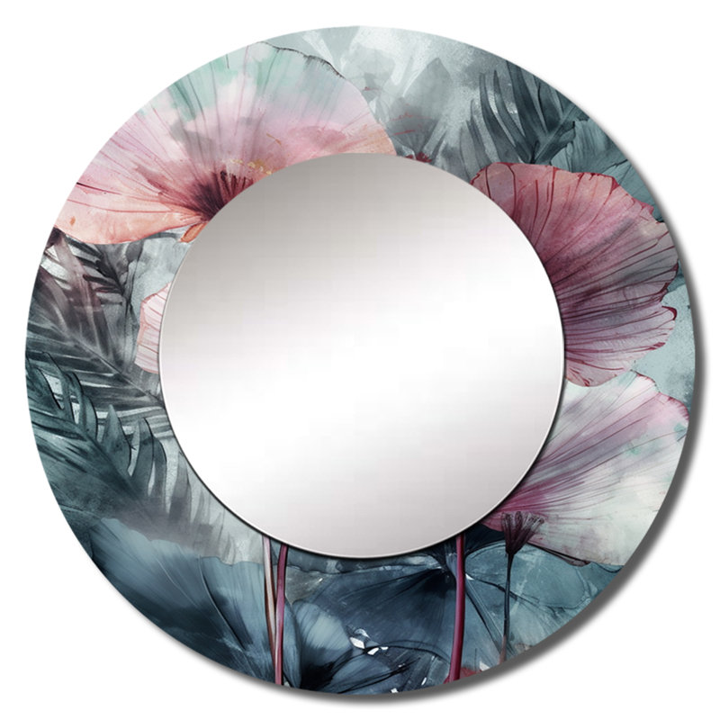Piotras Ginkgo Leaves Tropical II - Leaves Decorative Mirror, Traditional Large Round Wall Mirror, Printed Metal Art