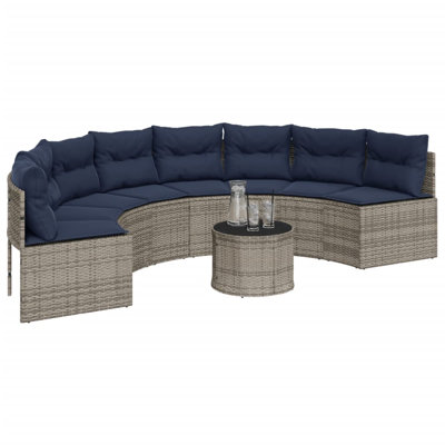 Ebern Designs Patio Sofa With Table And Cushions Half-Round Gray Poly Rattan