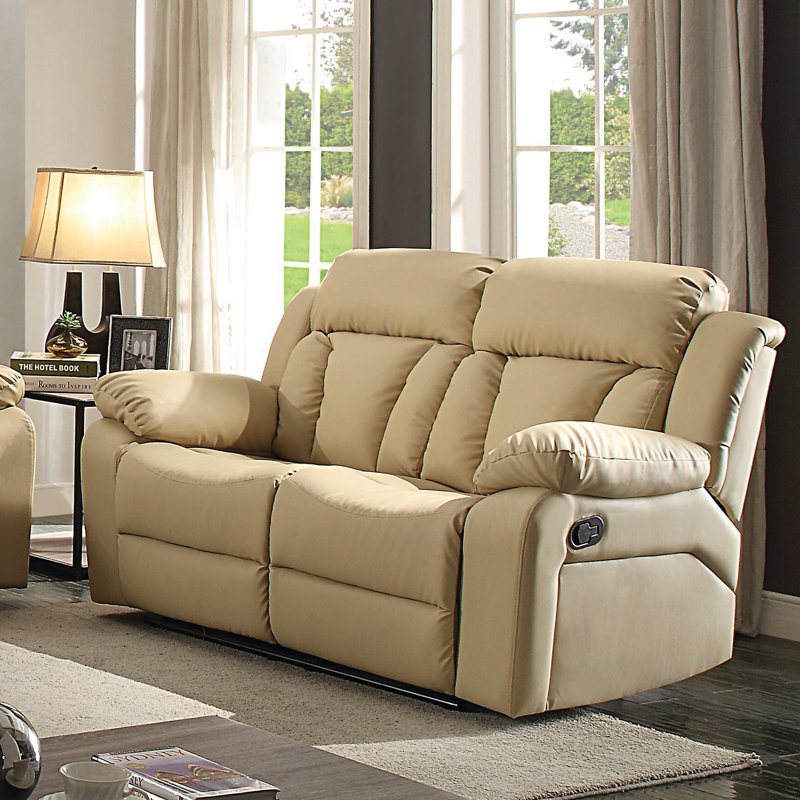 Mowery Faux Leather Pillow Top Arm Reclining Sofa, Beige Faux Leather, 41'H x 62"W x 37"D