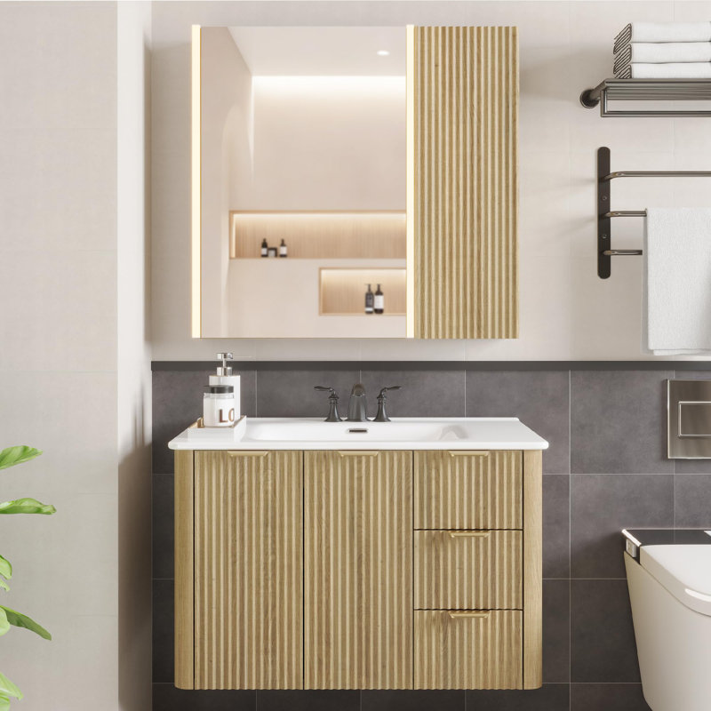Wall-Mounted Lighted Bathroom Medicine Cabinet With Mirror, Natural
