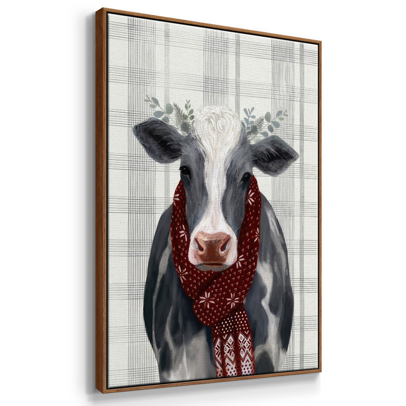 Toile tendue avec châssis Yuletide Cow II, H 25 po x l 17 po x P 1,5 po, Cadre flottant noyer
