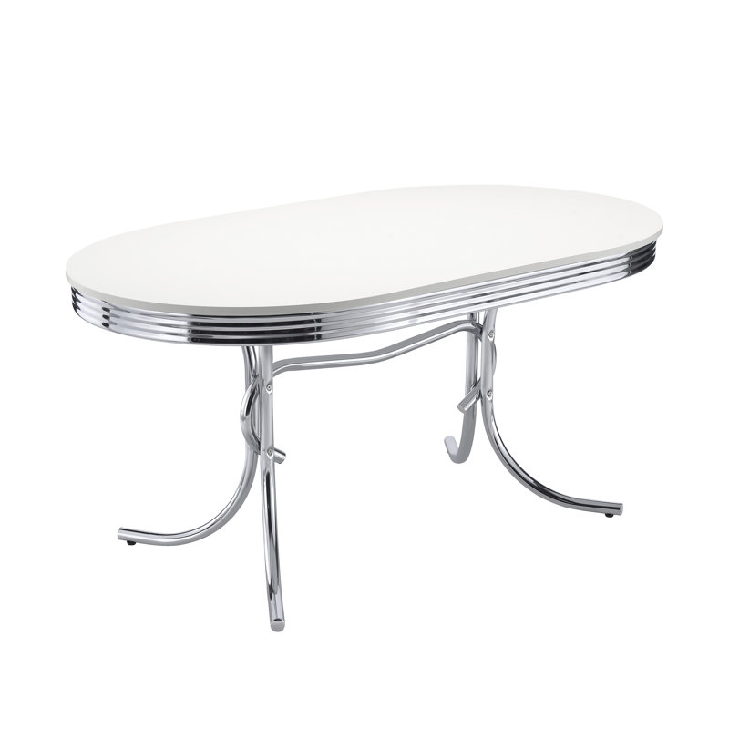 Table de salle à manger ovale, 60 x 36 po, bois, 1 pièce, blanc, 4 sièges, base en métal chromé