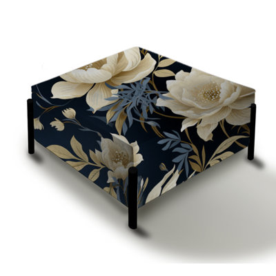 Industrial Ivory & Blue Fusion Floral Pattern I - Floral Large Square Ottoman