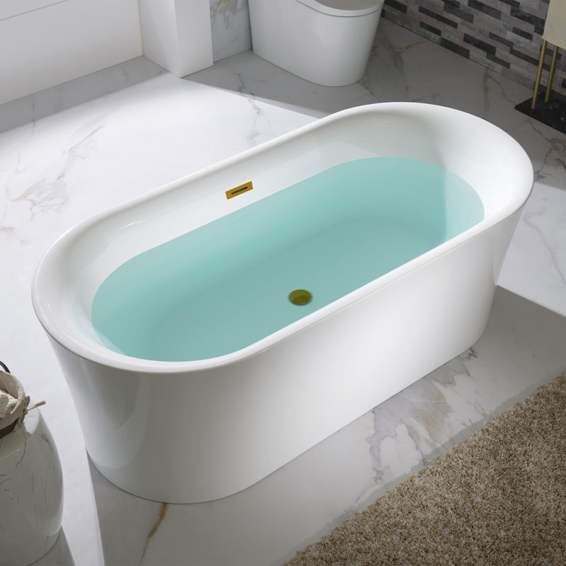 Baignoire de trempage incurvée en acrylique autoportante 59 po. X 29,52 po., Blanc, Or brossé