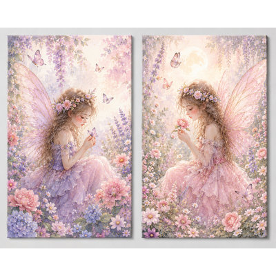 Grand ensemble de 2 impressions murales sur toile féerique pastel, œuvre de fantaisie de jardin de papillons doux pour chambre de chambre de bébé, impression sur toile 16 x 24 pouces - prête à être accrochée