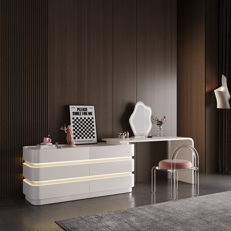 Multi Functional Expandable Creamy Yellow Dressing Table with 6-Drawers