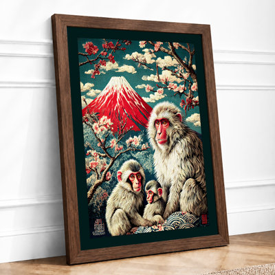 Macaques and Cherry Blossom Japandi 1 Piece Single Picture Frame Wall Art