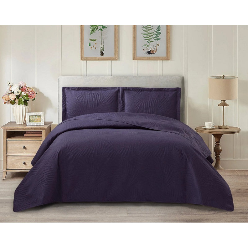 3 Piece Tropical Leaf Bedspreads Set Quilted Bed Throw with Matching Pillow Shams Polyester Material, Aubergine