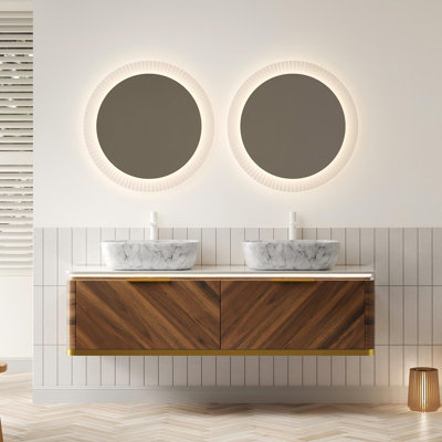 Meuble-lavabo double suspendu de 60 pouces avec lavabo en marbre Absher, éclairage à capteur DEL, tiroirs de fermeture coussinés et comptoir en pierre frittée Absher