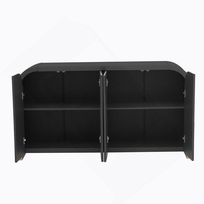 4-Door Curved Corner Design Wavy Door Panel  Cabinet With Adjustable Shelves, Black