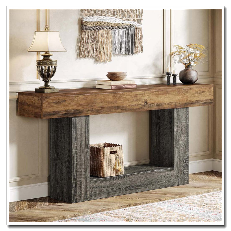63" Console Table, Farmhouse 2-Tier Entryway Table With U-Shaped Base, Narrow Long Wood Sofa Table Behind Couch Table For Living Room