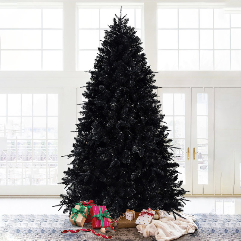 Arbre de Noël noir de 6 pi avec 350 lumières DEL blanches, arbre artificiel 1460 pointes en PE + PVC pour décoration d'Halloween et des Fêtes, structure à charnières avec support en métal stable