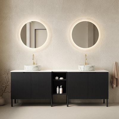 Meuble-lavabo double autoportant 72 po avec lavabos 72 po, 2 armoires de rangement rayées 30 po + tablette ouverte amovible 12 po, 2 vasques rondes blanches en pierre avec comptoir Carrara blanc, noir