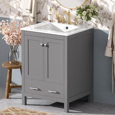 Meuble-lavabo gris 24 po avec lavabo encastré en céramique intégré, 2 portes et 1 tiroir, charnières à fermeture en douceur, structure en bois massif, panneaux de fibres à densité moyenne, finition peinte