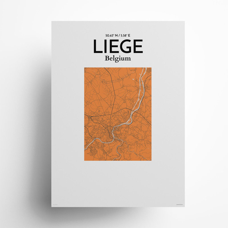 «Liege City Map», impression, H 27,6 po x l 19,7 po, Orange / gris