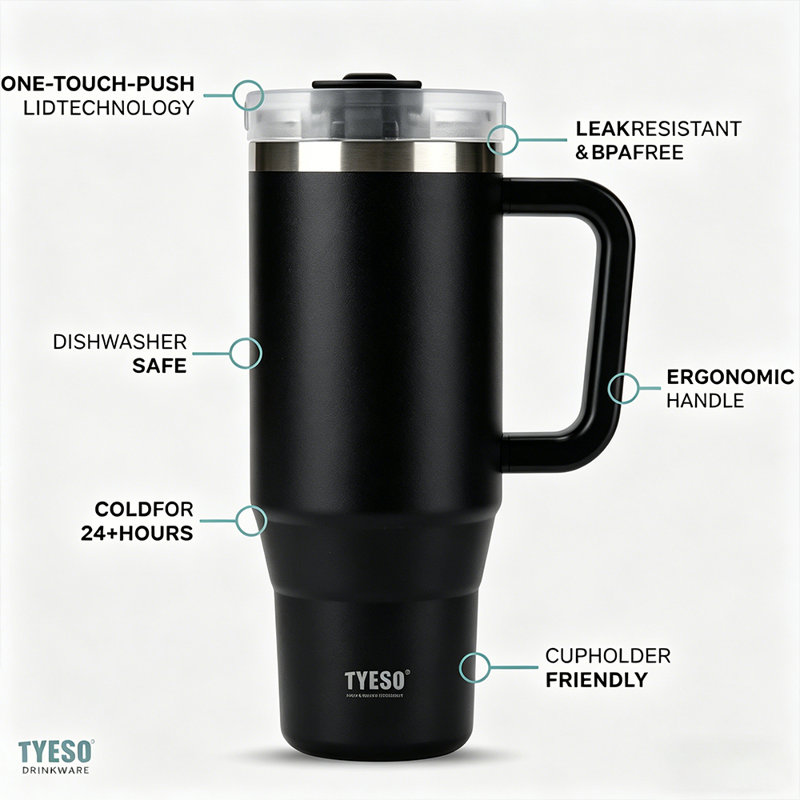 Gobelet isotherme avec paille TYESO, 40 oz, H 10,2 po x l 5,8 po x P 5,8 po, Noir