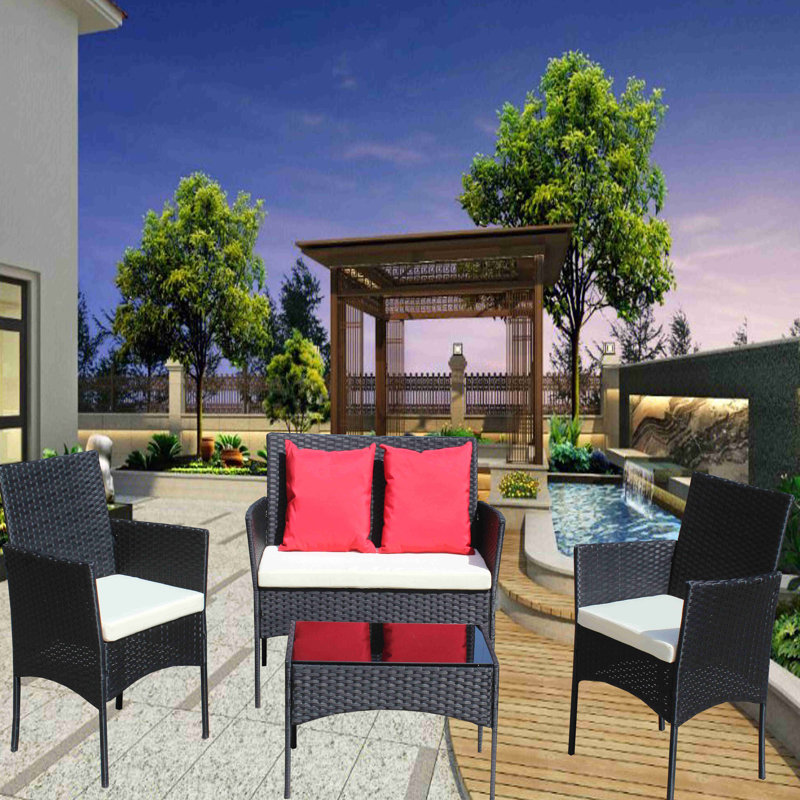 4 PC Rattan Patio Furniture Set Outdoor Patio Cushioned Seat Wicker Sofa (Cushion)