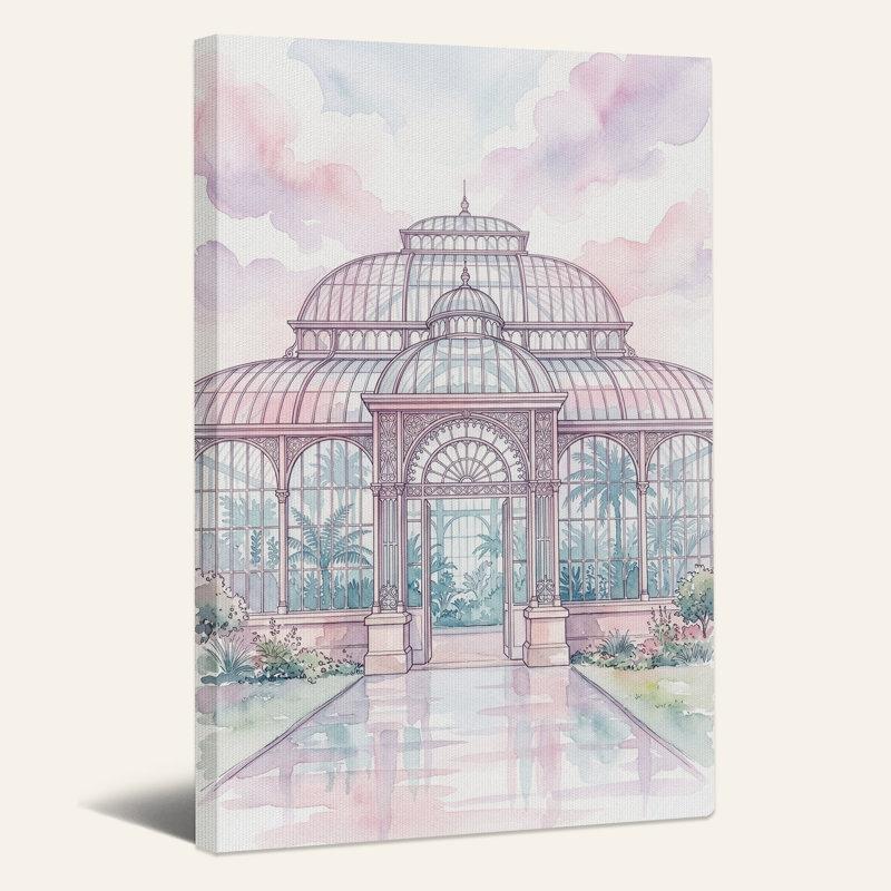 Serre en verre aquarelle avec ciel rose, tableau sur toile, H 48 po x l 36 po