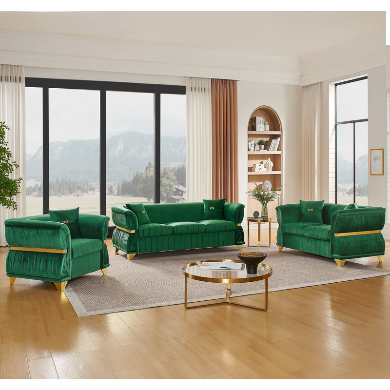 Ensemble de salon avec canapé en velours 3 pièces Lieberman, 3 Pcs: Chair, Loveseat, Sofa, Green