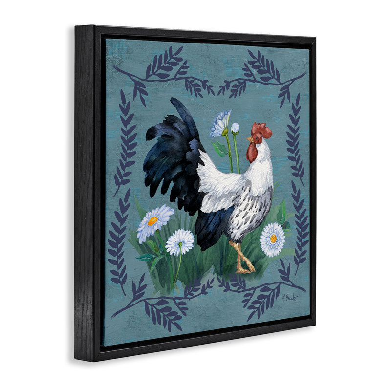 "Ferns & Rooster", art mural encadré par Paul Brent, Cadre flottant noir de jais, H 18 po x l 18 po
