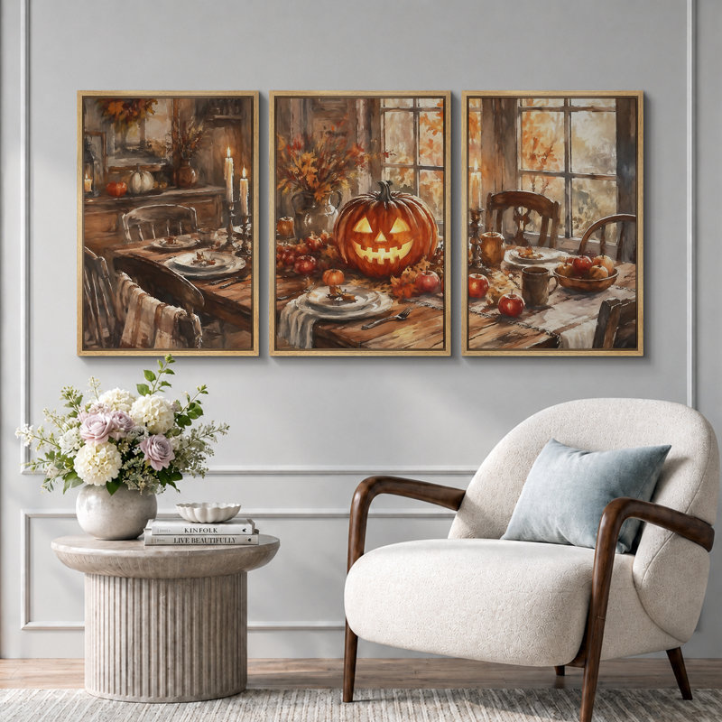 «Rustic Jack O Lantern», art de la salle à manger, photos de la salle à manger, impression sur toile encadrée, impression sur toile, 3 pièces