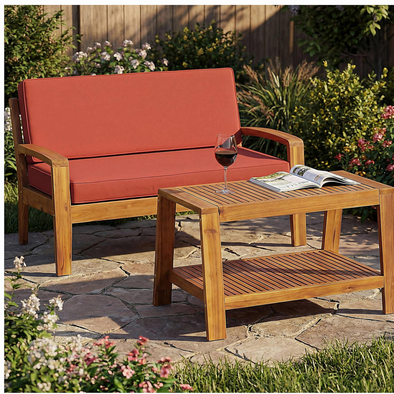 Ensemble de conversation d'extérieur 2 pièces en bois d'acacia teck - causeuse et table basse avec coussins rouges résistants à l'eau, capacité de 350 lb pour le patio, la terrasse et la cour arrière