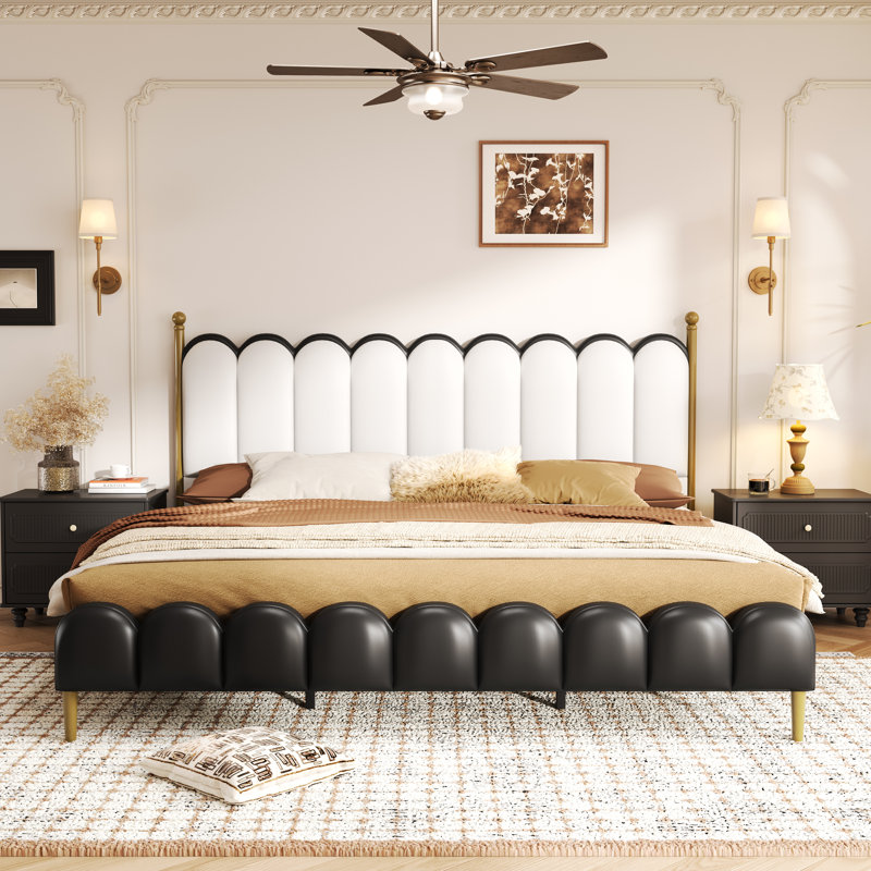 Zechariah PU Leather Upholstered Platform Bed, White/Black, Queen