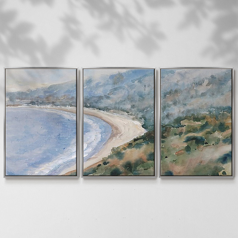 Coastal Mist I - Toile encadrée multi-pièces, H 36 po x l 75 po, Encadrement argenté