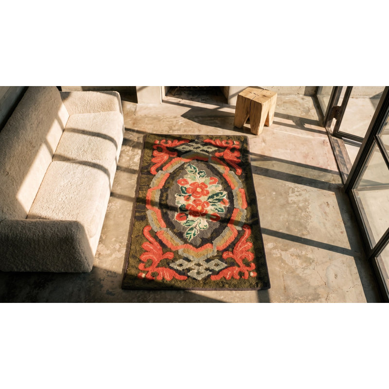 Antique American Hooked Rug Small Scatter Size Wool Black