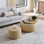 Round Storage Ottoman, Woven Rattan Fabric Ottoman, 2 In 1 Function, Work As End Table And Ottoman, With Small Seat