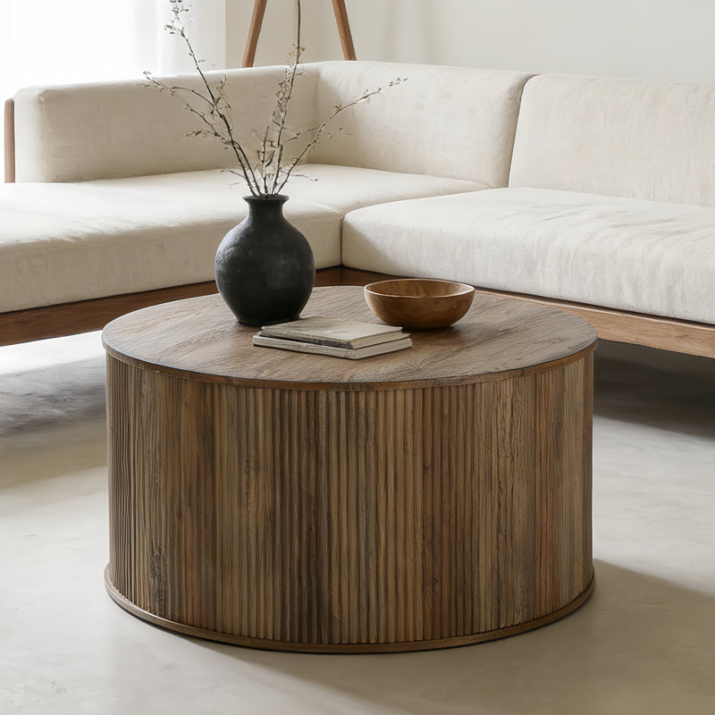 31.5" Solid Wood Round Coffee Table With Drum Base, Modern Farmhouse Center Table with Fluted Design