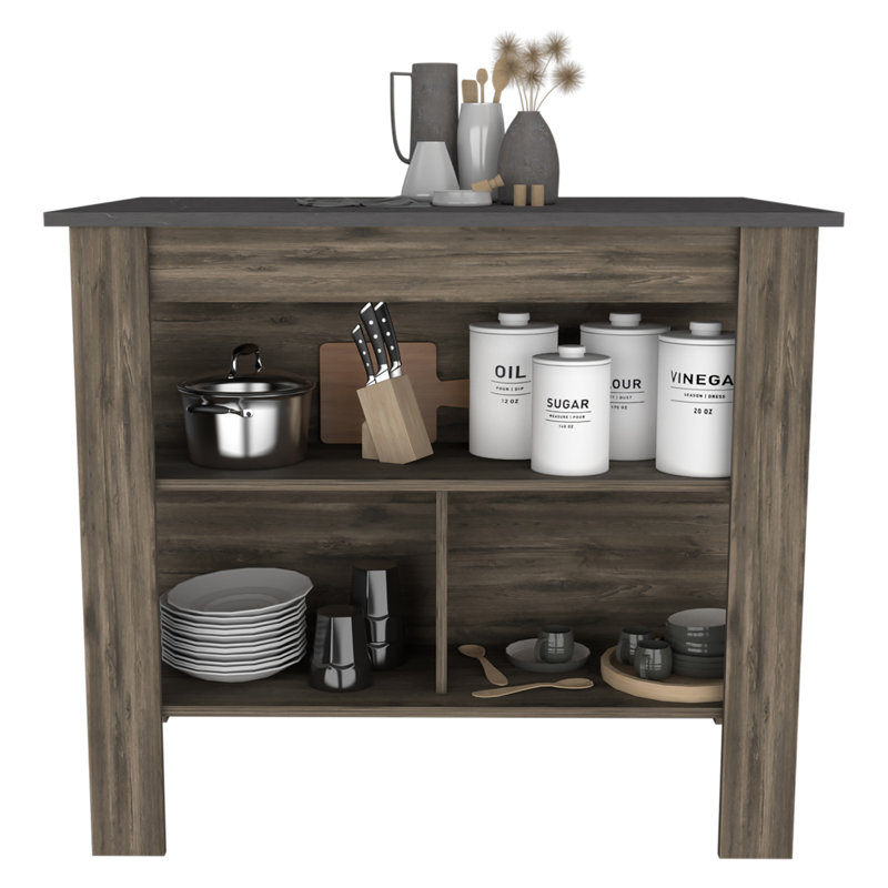 Brooklyn  Kitchen Island, Three Concealed Shelves, Brown/Gray