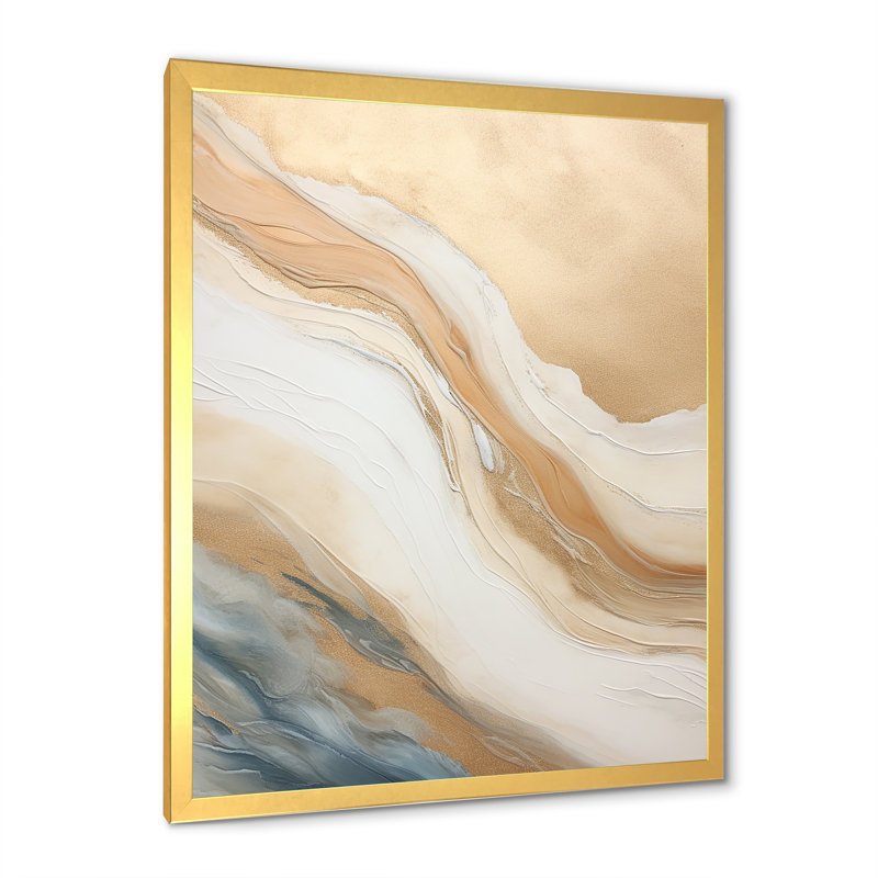 Or et bleu plage sable fusion - art mural abstrait salon, Cadre doré simple, H 40 po x l 30 po x P 1,5 po