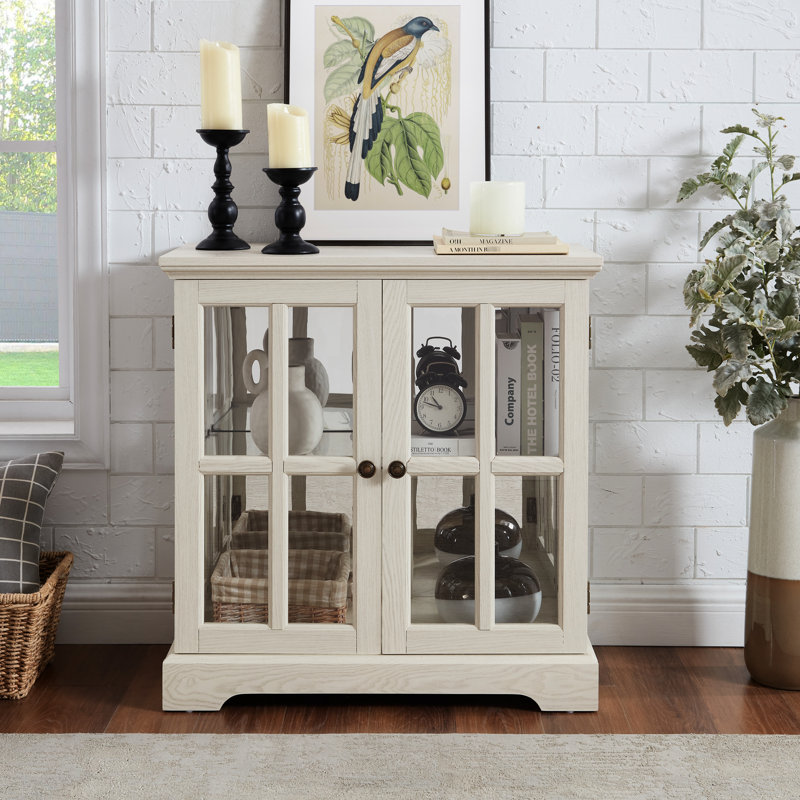 Antique Cabinet With Smooth Tabletop, Led Lights, Adjustable Shelves, Home Elegant Display Unit, White, Vintage Metal Handle, Glass Shelves
