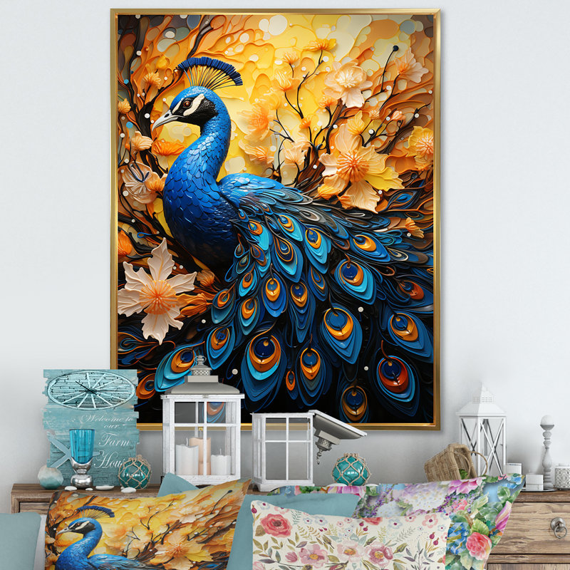 Majestic Flowerful Peacocks Harmony II sur toile, Cadre flottant doré, H 32 po x l 16 po x P 1 po
