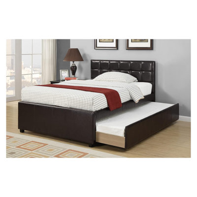 Lit plateforme double avec lit gigogne et lattes en bois, tête de lit tapissier en similicuir espresso, cadre en contreplaqué et panneau de fibres à densité moyenne pour les chambres d'enfants et de jeunes