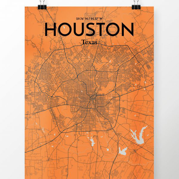 « houston city map », impression sur affiche, reproduction d’art orange, H 24 po x l 18 po