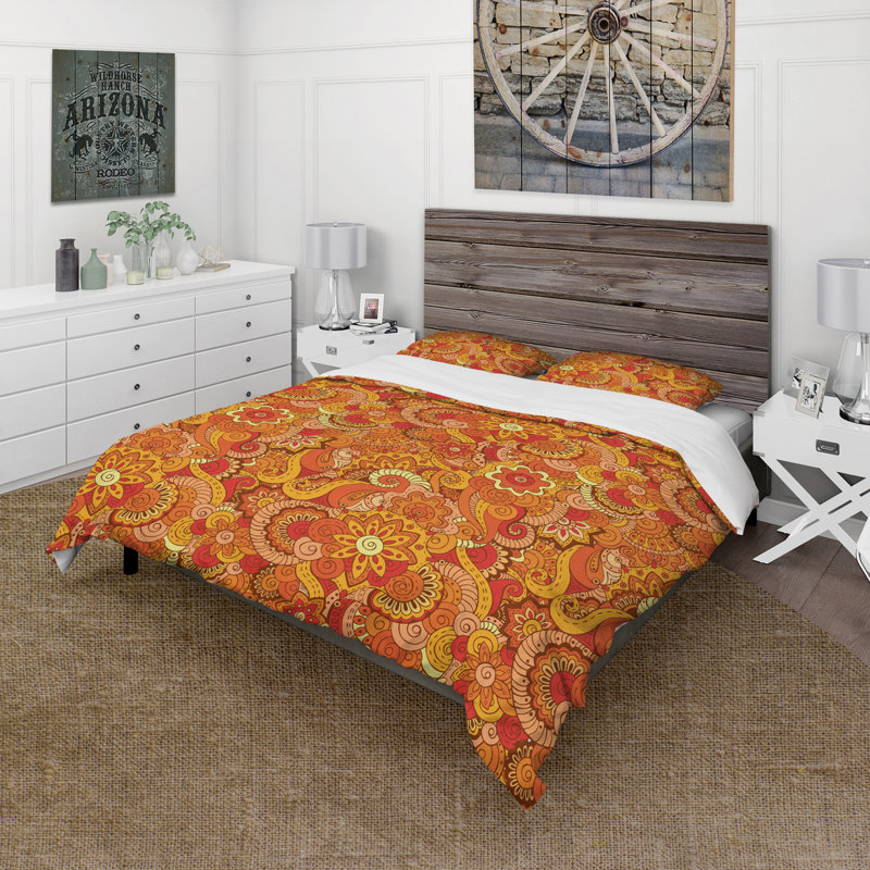 Ensemble de housse de couette bohémien Retro Orange Asian Waves - Microfibre polyester