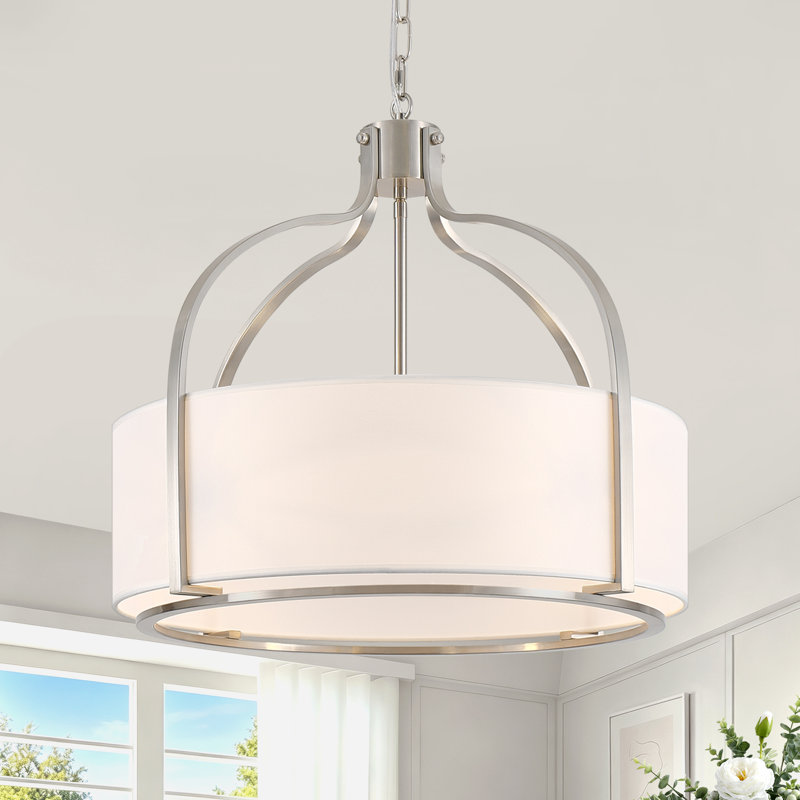 Lustre de style campagnard 5 lumières avec abat-jour en tissu blanc pour cuisine, salon, chambre à coucher, vestibule, Nickel